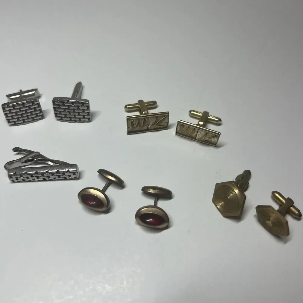 Vintage Mens Jewelry Cufflinks Lot Hickok Pat Marked Brick Red Cabochon Retro